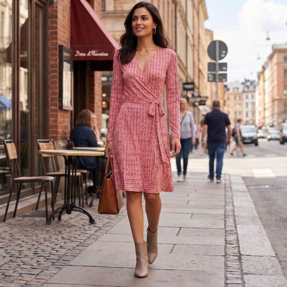 The Limited Red White Geometric Print Long Sleeve Wrap Midi Dress Size XS